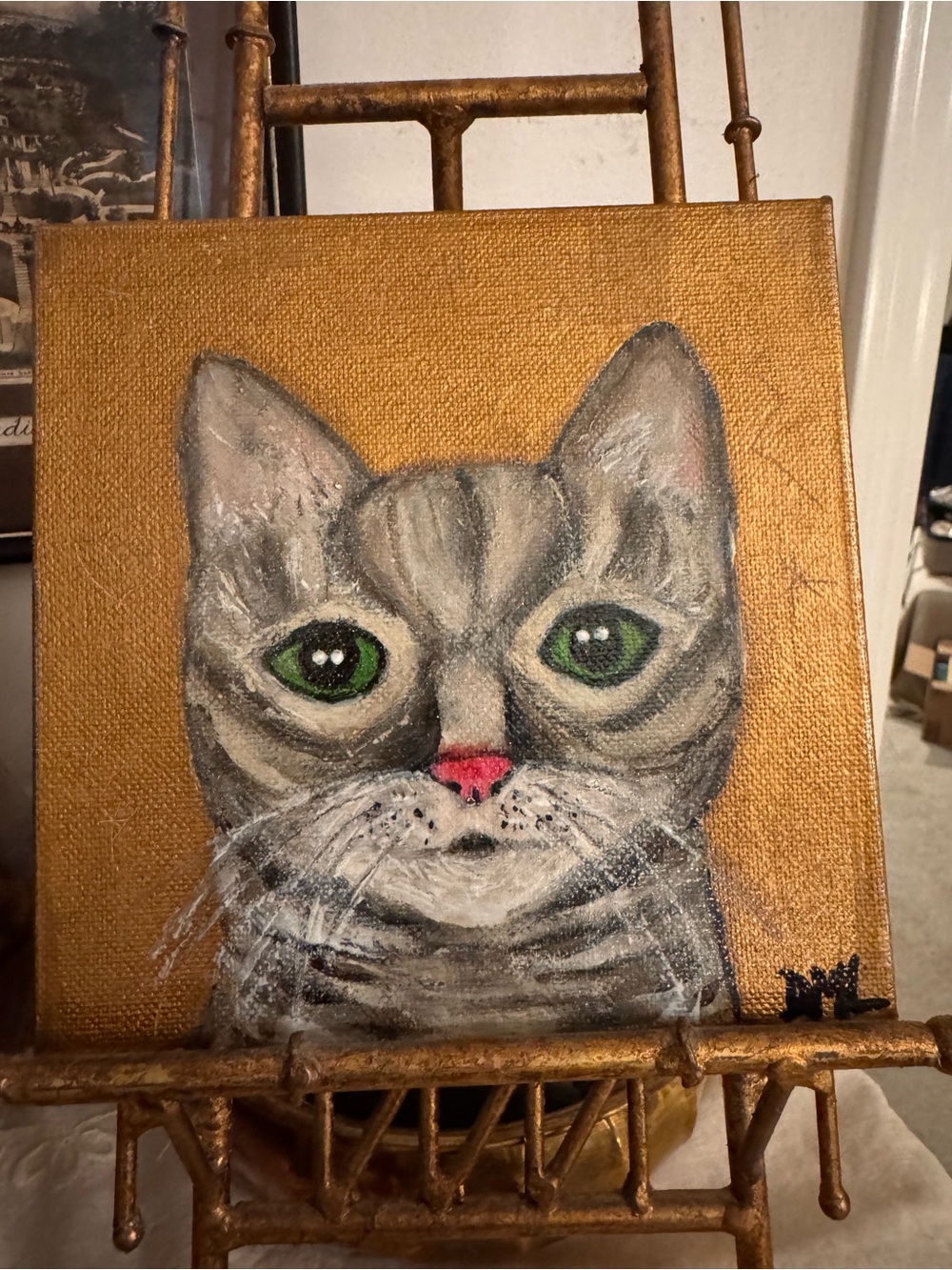 Original Folk Art Cat Paintings Set of 3 Dawn Leach Gold Leaf Signed 2019 - Picture 2 of 8